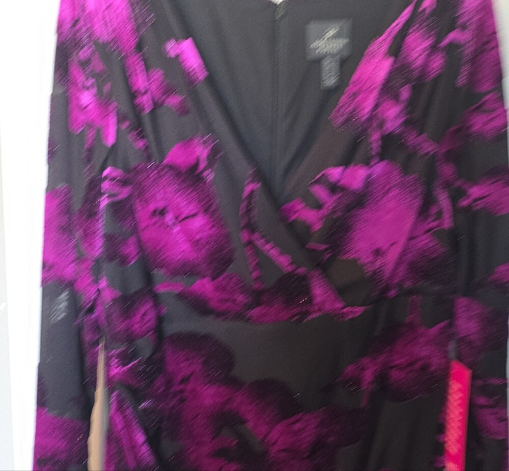 Adrianna Papell Black and Purple Floral Wrap-Style Long Sleeve Dress - Picture 8 of 13